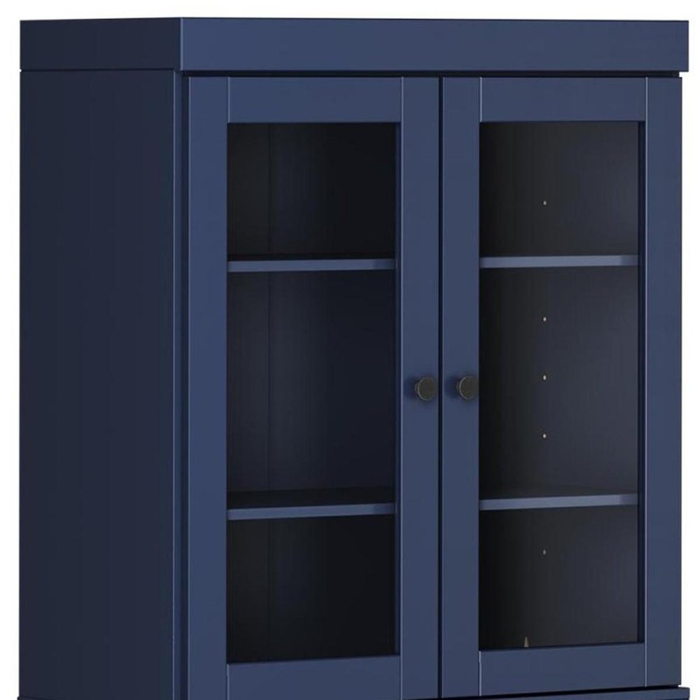 72" Navy Blue Solid Wood Adjustable Six Tier Library Bookcase with Four Doors