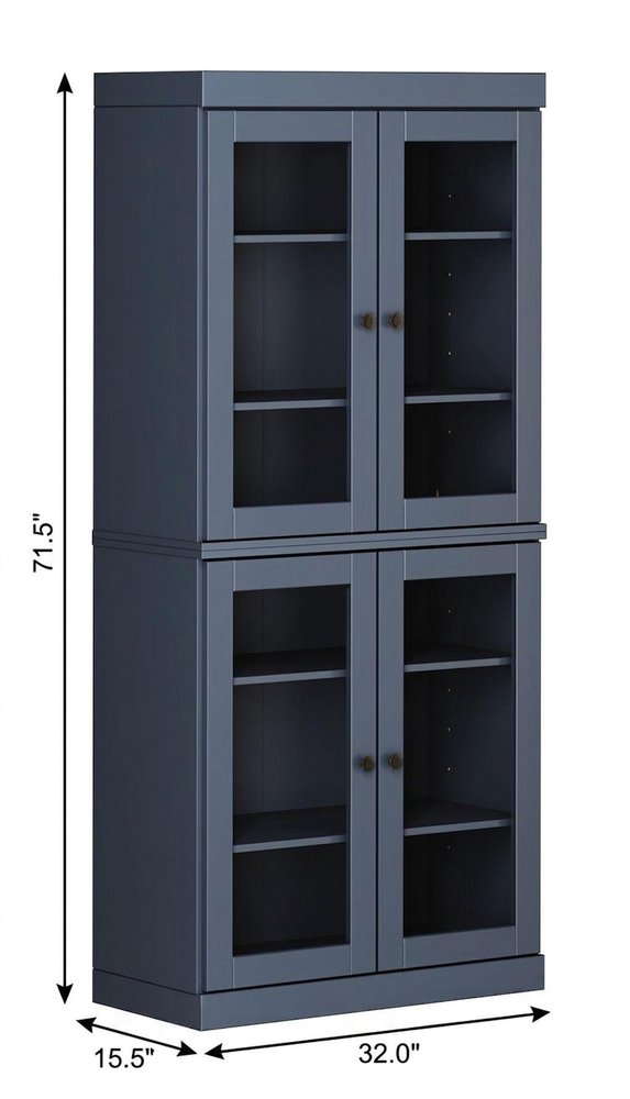 72" French Blue Solid Wood Adjustable Six Tier Library Bookcase with Four Doors HomeRoots