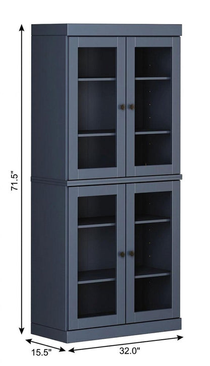 72" French Blue Solid Wood Adjustable Six Tier Library Bookcase with Four Doors HomeRoots