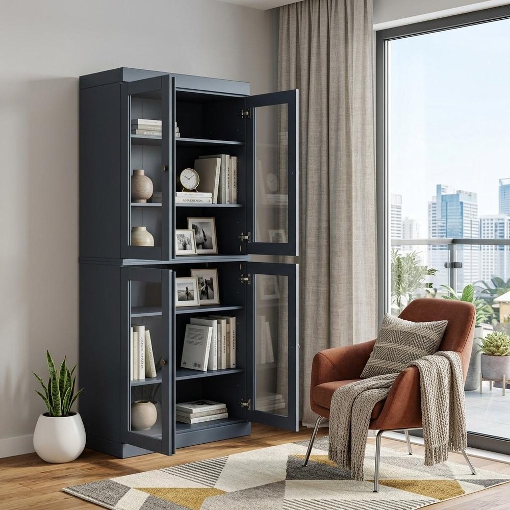 72" French Blue Solid Wood Adjustable Six Tier Library Bookcase with Four Doors — view 5
