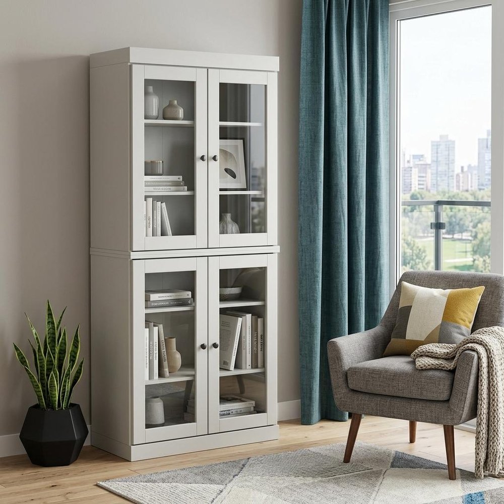 72" Off White Solid Wood Adjustable Six Tier Library Bookcase with Four Doors — view 6