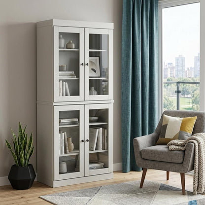 72" Off White Solid Wood Adjustable Six Tier Library Bookcase with Four Doors HomeRoots