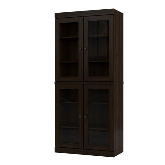 72" Espresso Solid Wood Adjustable Six Tier Library Bookcase with Four Doors