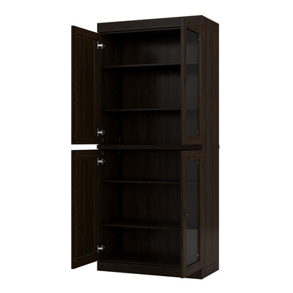 72" Espresso Solid Wood Adjustable Six Tier Library Bookcase with Four Doors