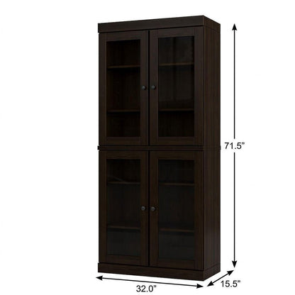 72" Espresso Solid Wood Adjustable Six Tier Library Bookcase with Four Doors