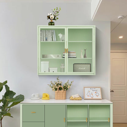 27.56"Glass Doors Modern Two-door Wall Cabinet with Featuring Three-tier Storage Mint Green - FurniFindUSA