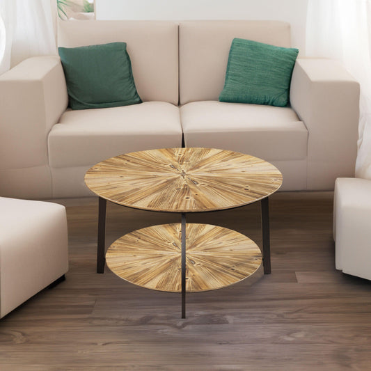 33.86"Modern Retro Splicing Round Coffee Table Fir Wood Table Top with Black Cross Legs Base(Same SKU:W757126237) - FurniFindUSA