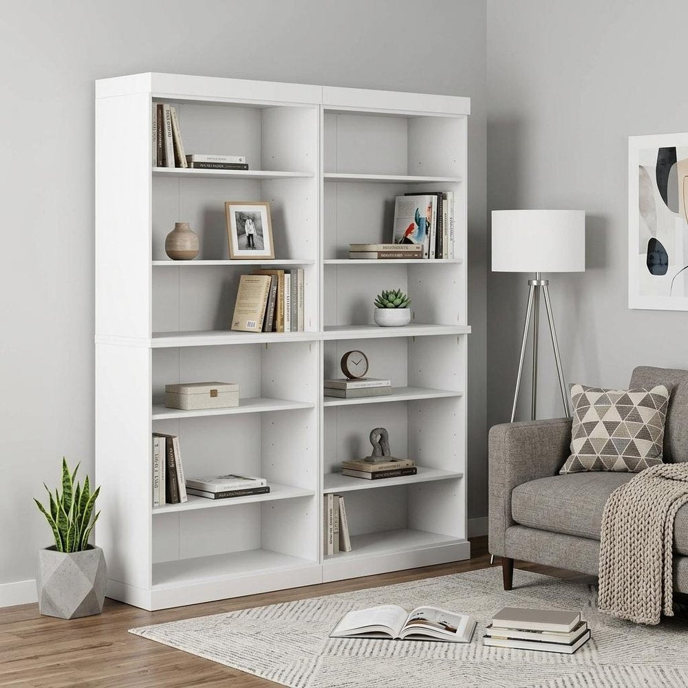 72" White Solid Wood Adjustable Twelve Tier Library Bookcase — view 4