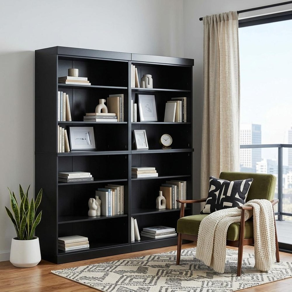 72" Black Solid Wood Adjustable Twelve Tier Library Bookcase — view 4