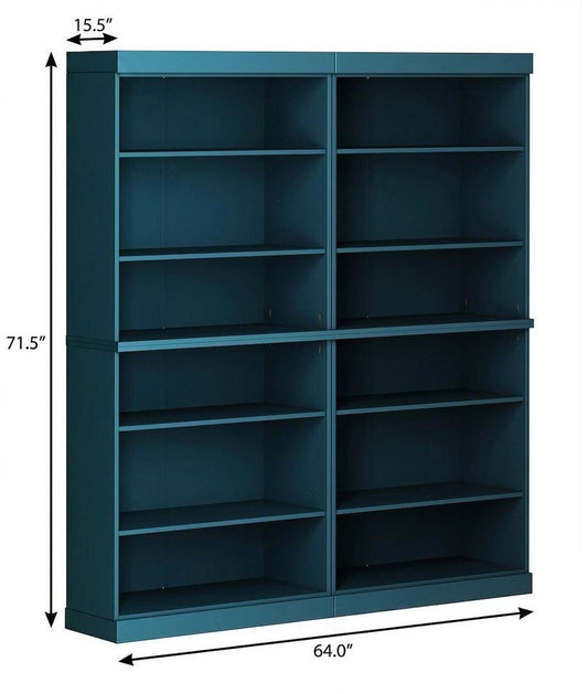 72" Teal Blue Solid Wood Adjustable Twelve Tier Library Bookcase
