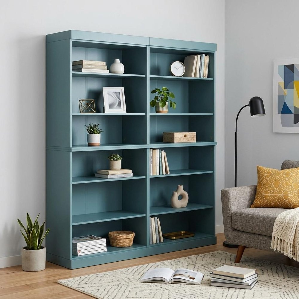 72" Aqua Solid Wood Adjustable Twelve Tier Library Bookcase — view 4