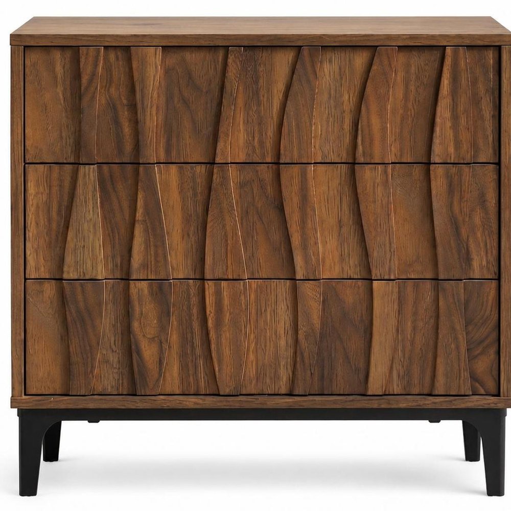 26" Walnut Wood Ribbed Texture Three Drawer Nightstand — view 3