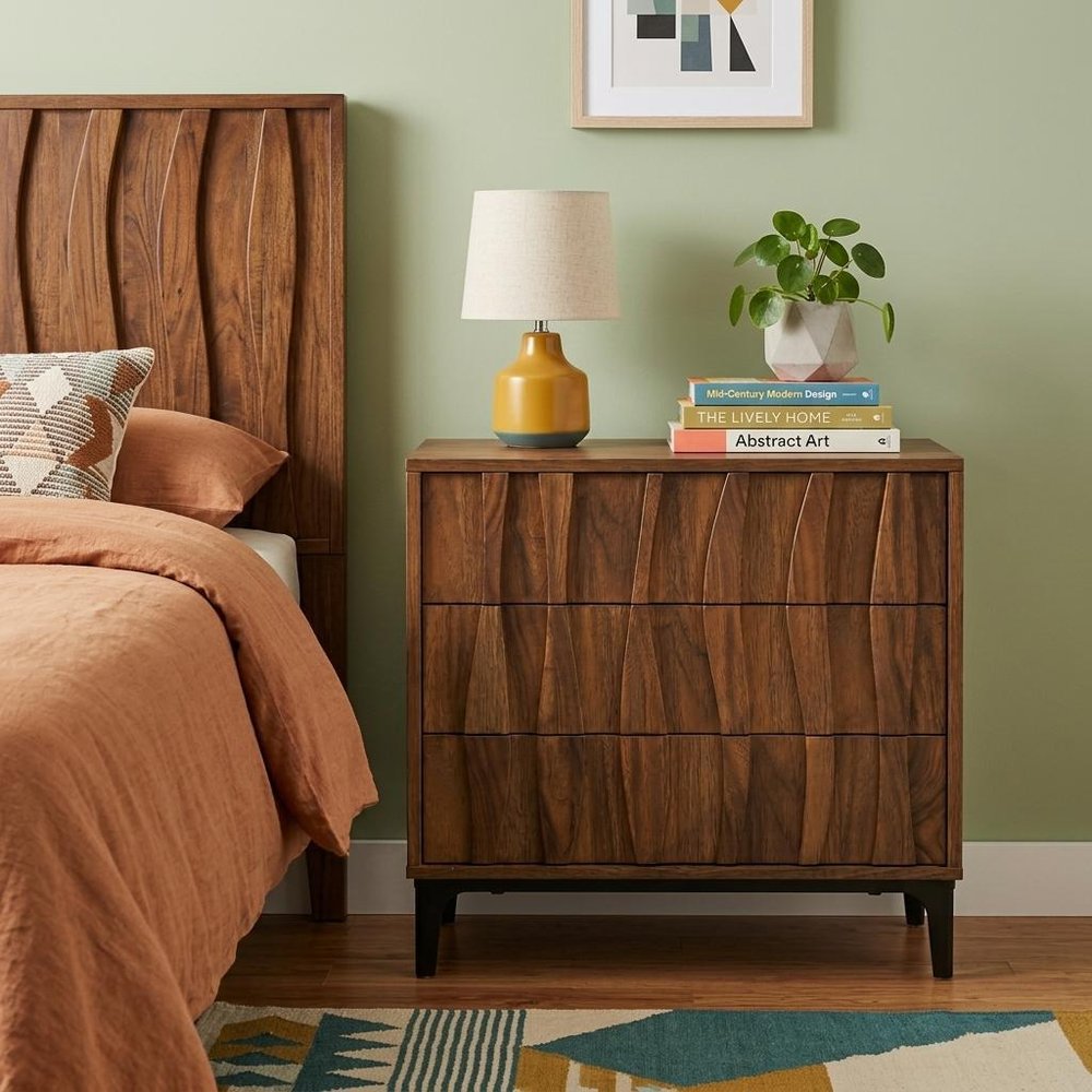 26" Walnut Wood Ribbed Texture Three Drawer Nightstand HomeRoots