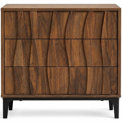 26" Walnut Wood Ribbed Texture Three Drawer Nightstand HomeRoots