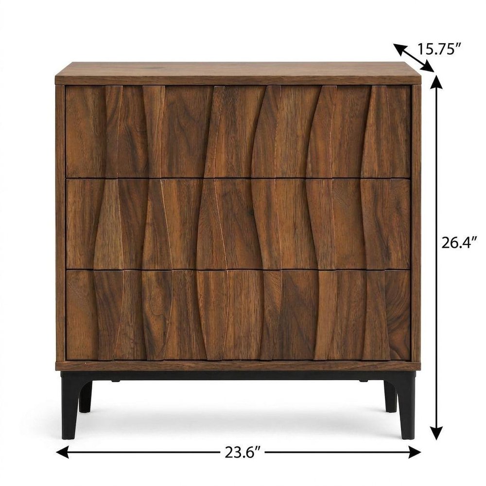 26" Walnut Wood Ribbed Texture Three Drawer Nightstand — view 5