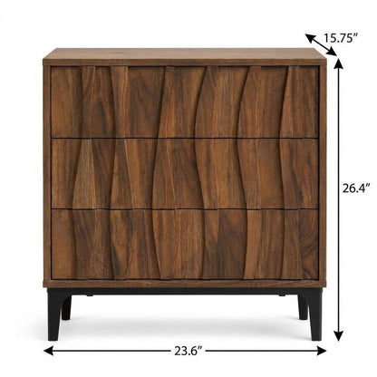 26" Walnut Wood Ribbed Texture Three Drawer Nightstand HomeRoots