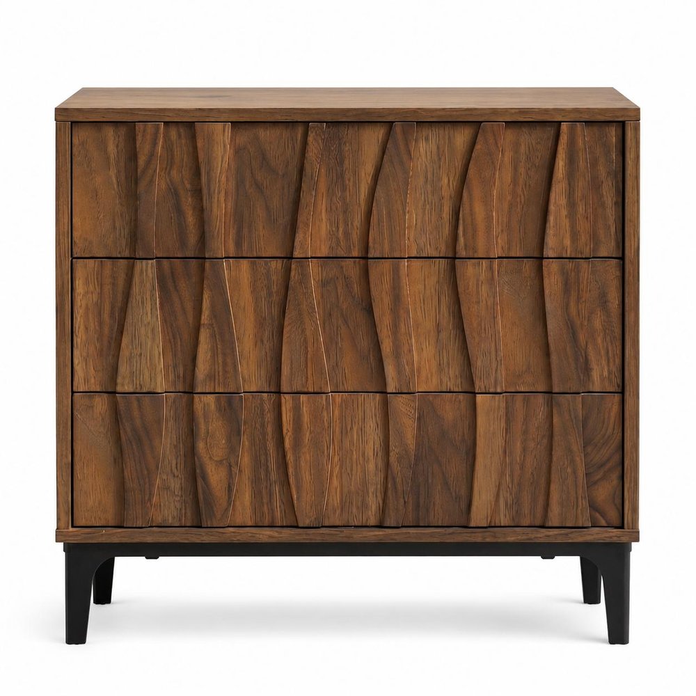 26" Walnut Wood Ribbed Texture Three Drawer Nightstand — view 1