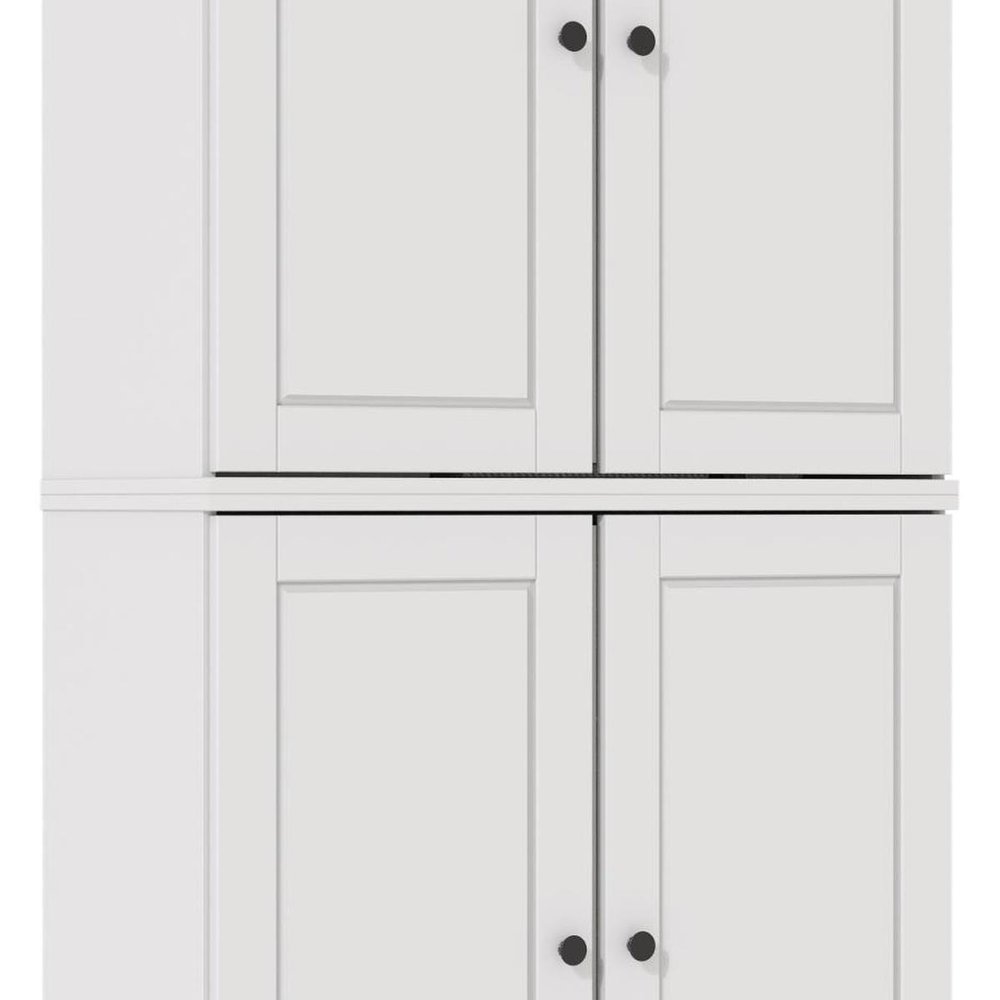 72" White Solid Wood Adjustable Six Tier Library Bookcase with Four Doors