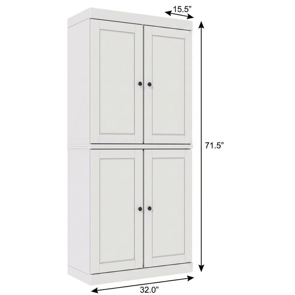 72" White Solid Wood Adjustable Six Tier Library Bookcase with Four Doors HomeRoots