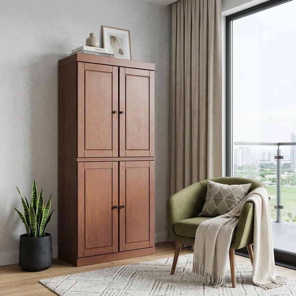 72" Coffee Solid Wood Adjustable Six Tier Library Bookcase with Four Doors HomeRoots