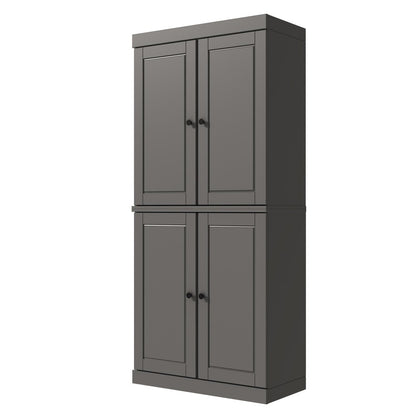 72" Gray Solid Wood Adjustable Six Tier Library Bookcase with Four Doors