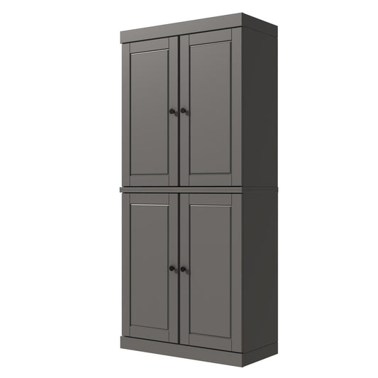 72" Gray Solid Wood Adjustable Six Tier Library Bookcase with Four Doors
