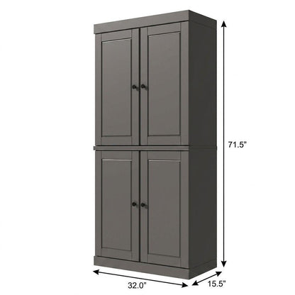 72" Gray Solid Wood Adjustable Six Tier Library Bookcase with Four Doors