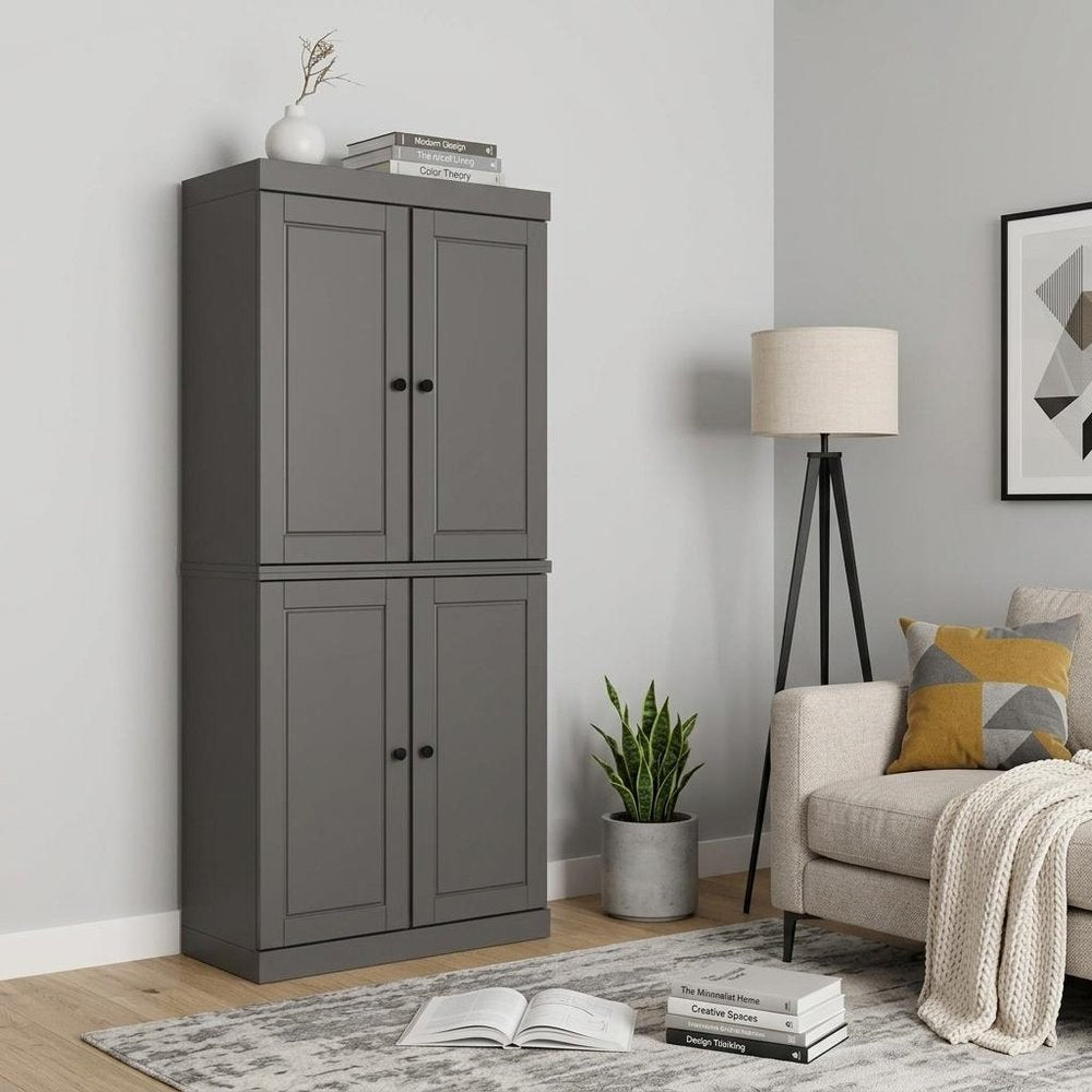 72" Gray Solid Wood Adjustable Six Tier Library Bookcase with Four Doors HomeRoots