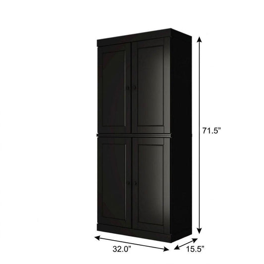 72" Black Solid Wood Adjustable Six Tier Library Bookcase with Four Doors