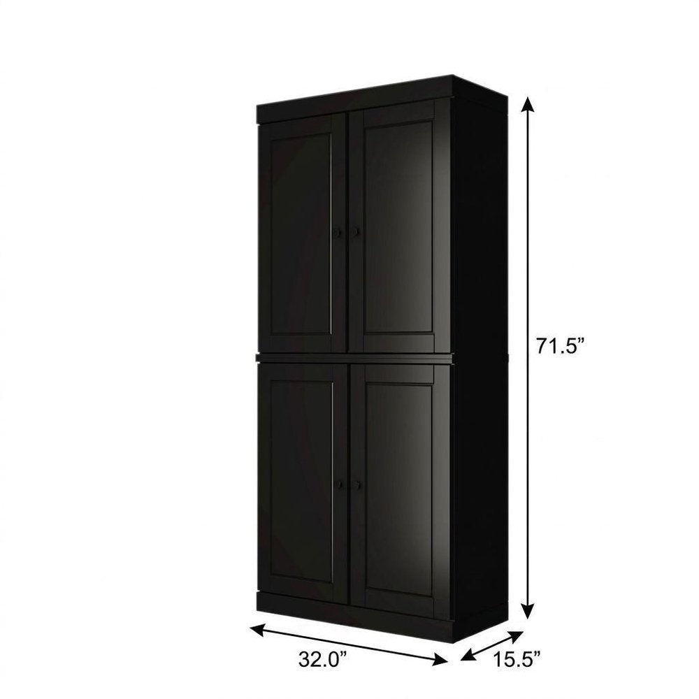 72" Black Solid Wood Adjustable Six Tier Library Bookcase with Four Doors HomeRoots