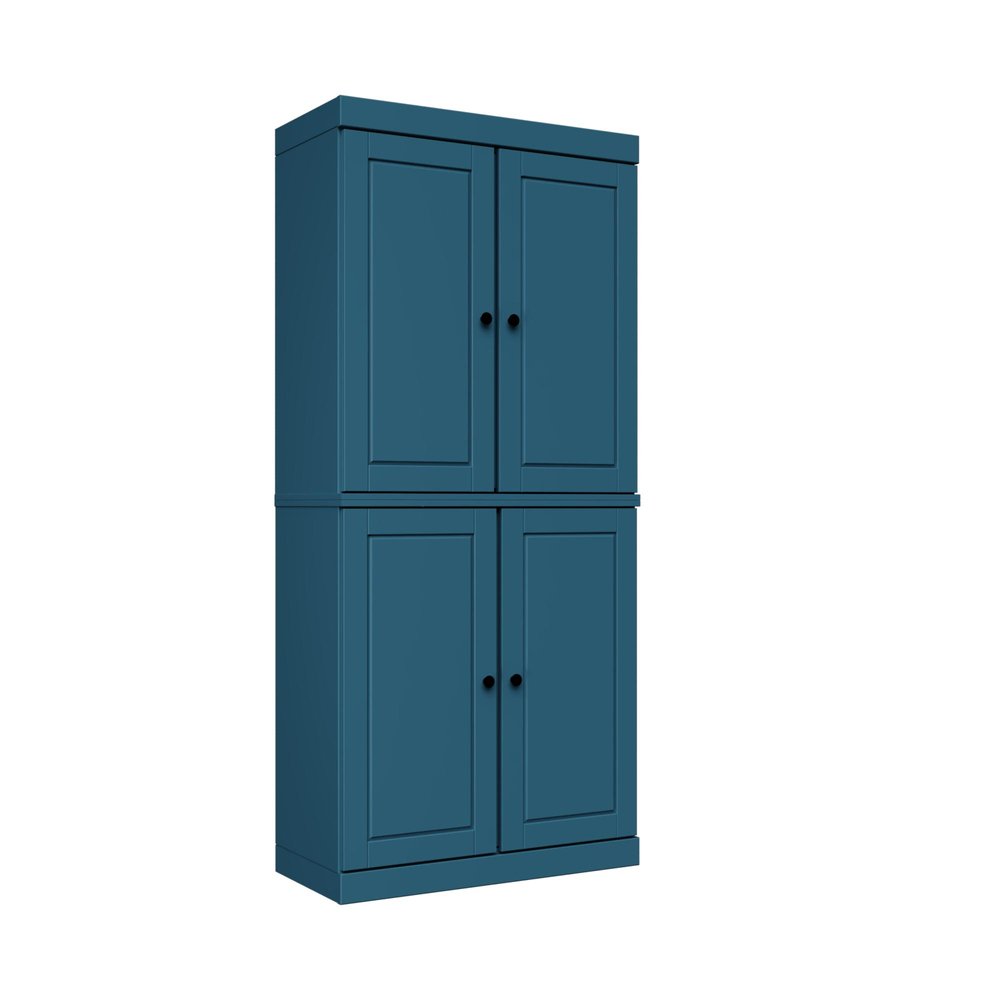 72" Teal Blue Solid Wood Adjustable Six Tier Library Bookcase with Four Doors — view 1