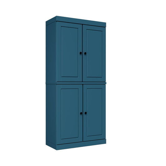 72" Teal Blue Solid Wood Adjustable Six Tier Library Bookcase with Four Doors