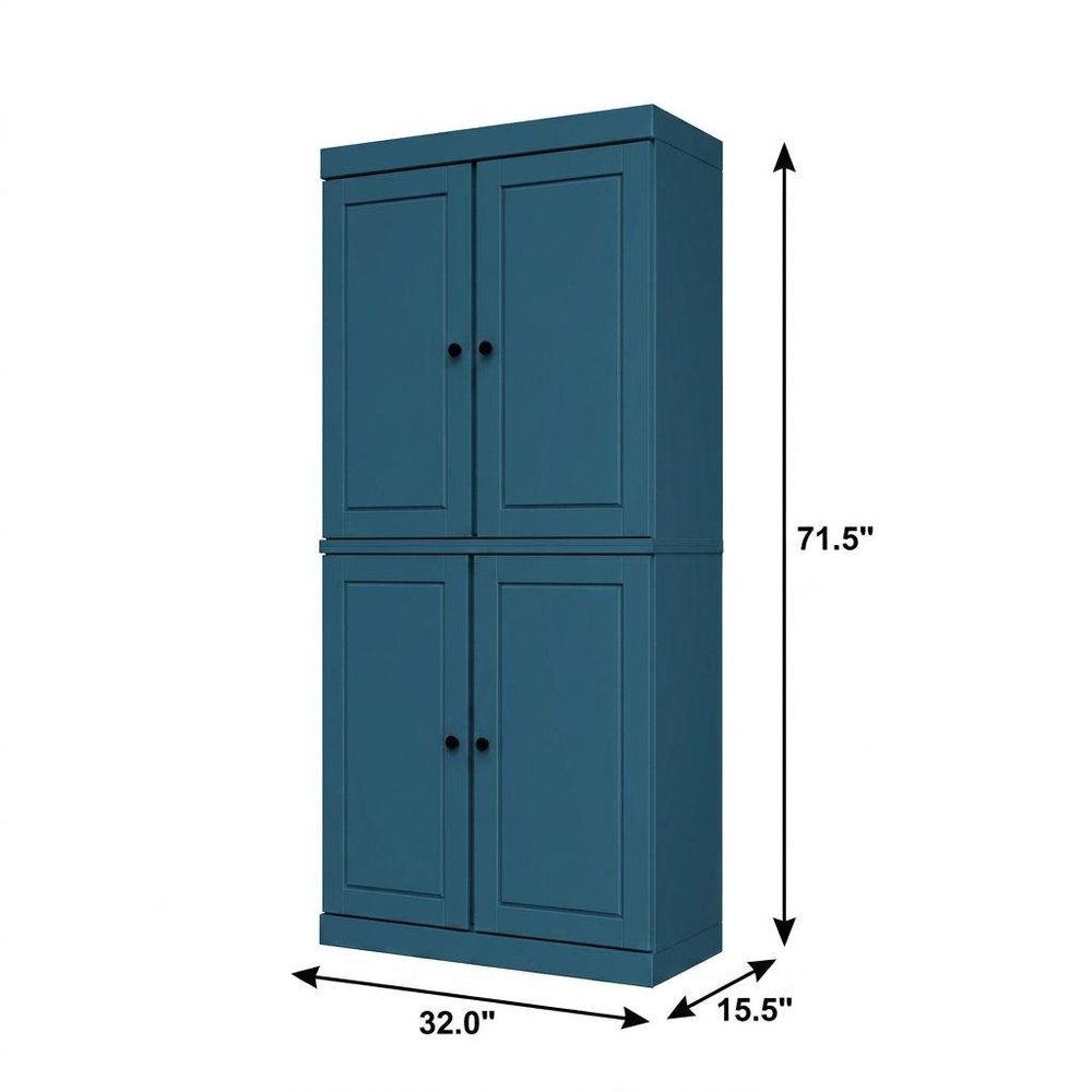 72" Teal Blue Solid Wood Adjustable Six Tier Library Bookcase with Four Doors HomeRoots