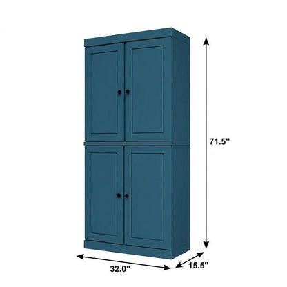 72" Teal Blue Solid Wood Adjustable Six Tier Library Bookcase with Four Doors HomeRoots