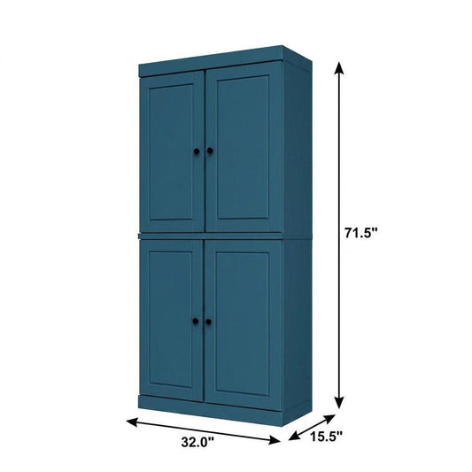 72" Teal Blue Solid Wood Adjustable Six Tier Library Bookcase with Four Doors