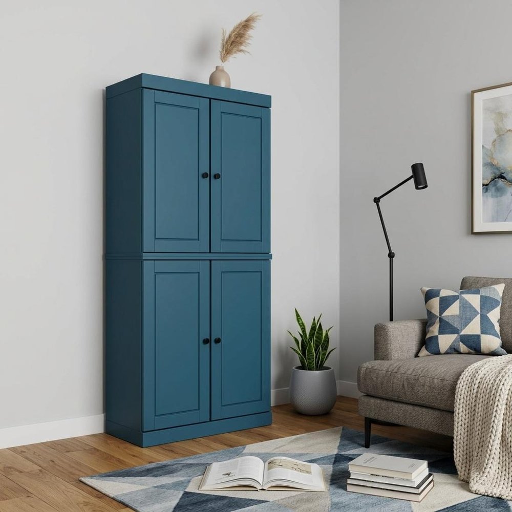 72" Teal Blue Solid Wood Adjustable Six Tier Library Bookcase with Four Doors HomeRoots