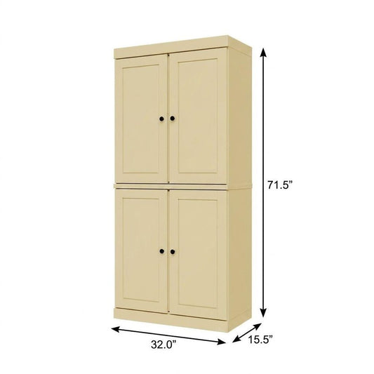 72" Yellow Solid Wood Adjustable Six Tier Library Bookcase with Four Doors