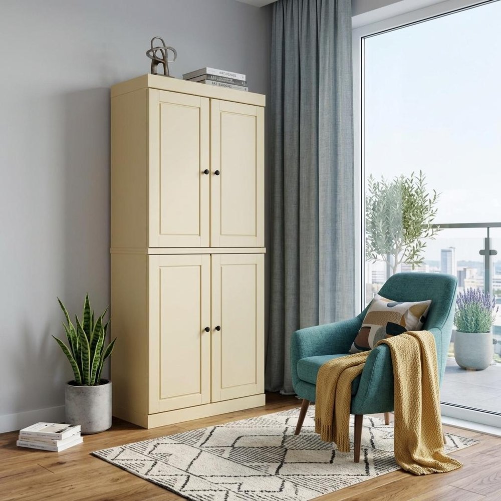 72" Yellow Solid Wood Adjustable Six Tier Library Bookcase with Four Doors — view 3