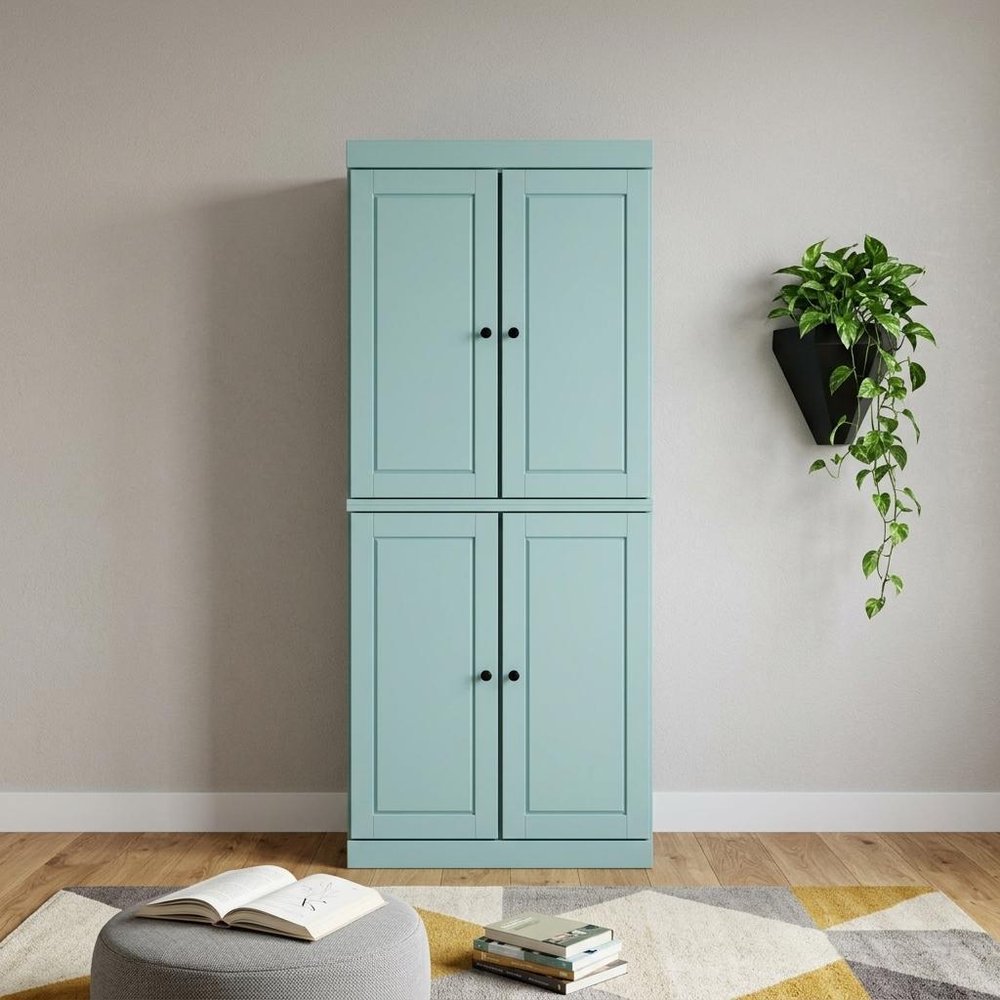 72" Aqua Solid Wood Adjustable Six Tier Library Bookcase with Four Doors — view 3