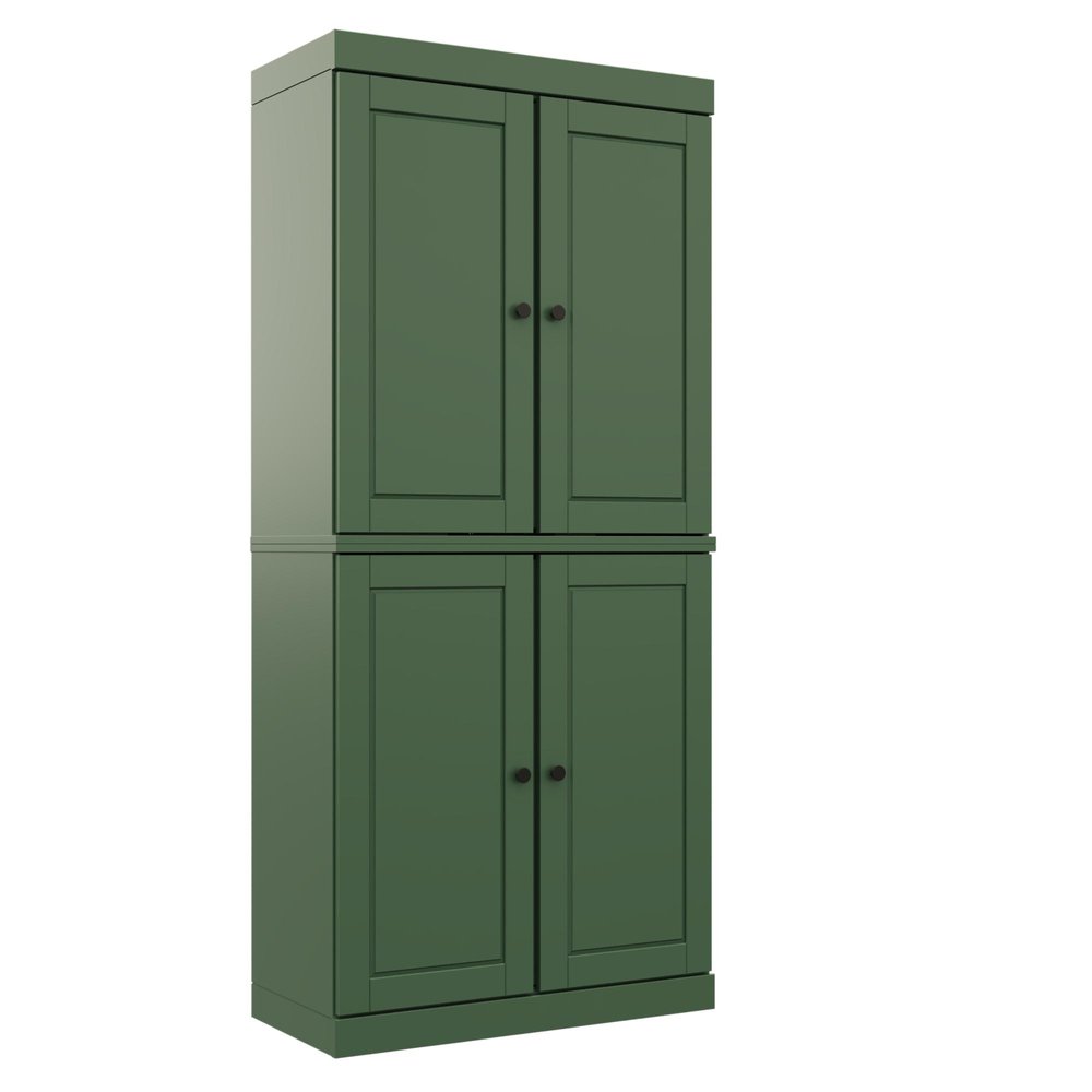 72" Green Solid Wood Adjustable Six Tier Library Bookcase with Four Doors HomeRoots