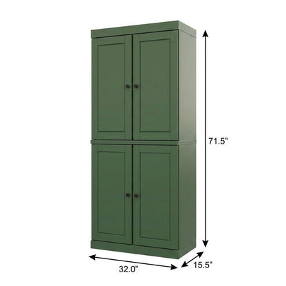 72" Green Solid Wood Adjustable Six Tier Library Bookcase with Four Doors HomeRoots