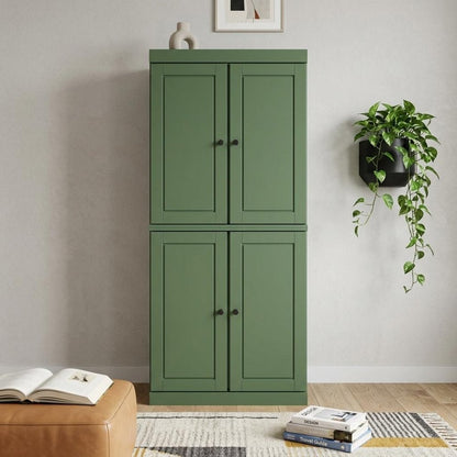 72" Green Solid Wood Adjustable Six Tier Library Bookcase with Four Doors HomeRoots