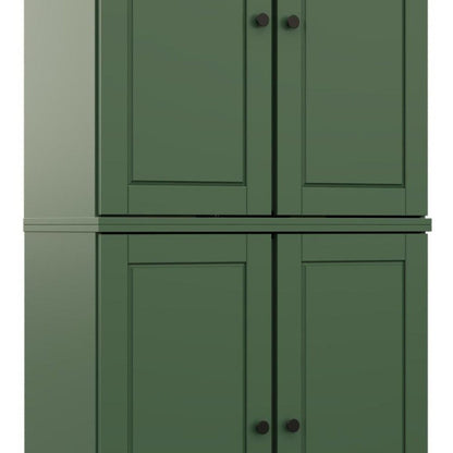 72" Green Solid Wood Adjustable Six Tier Library Bookcase with Four Doors