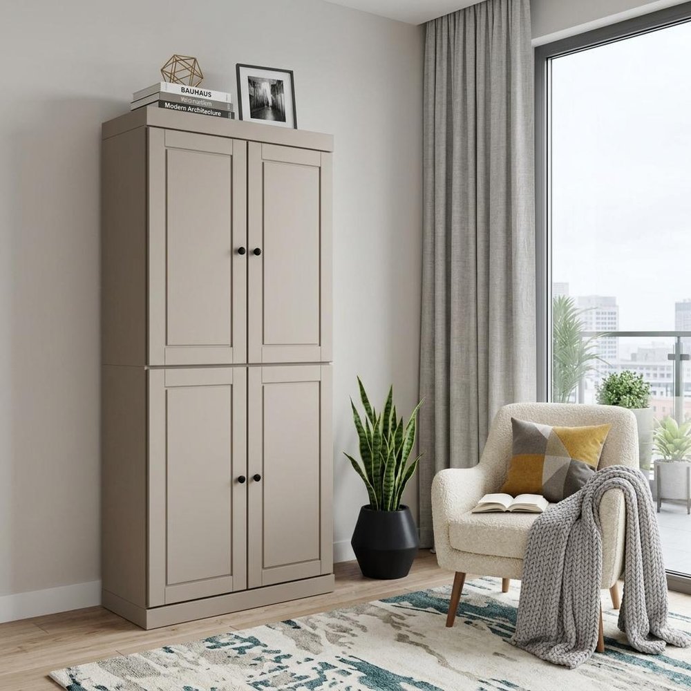 72" Beige Solid Wood Adjustable Six Tier Library Bookcase with Four Doors HomeRoots