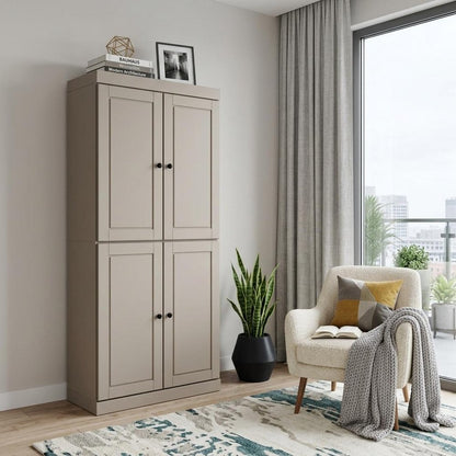 72" Beige Solid Wood Adjustable Six Tier Library Bookcase with Four Doors HomeRoots