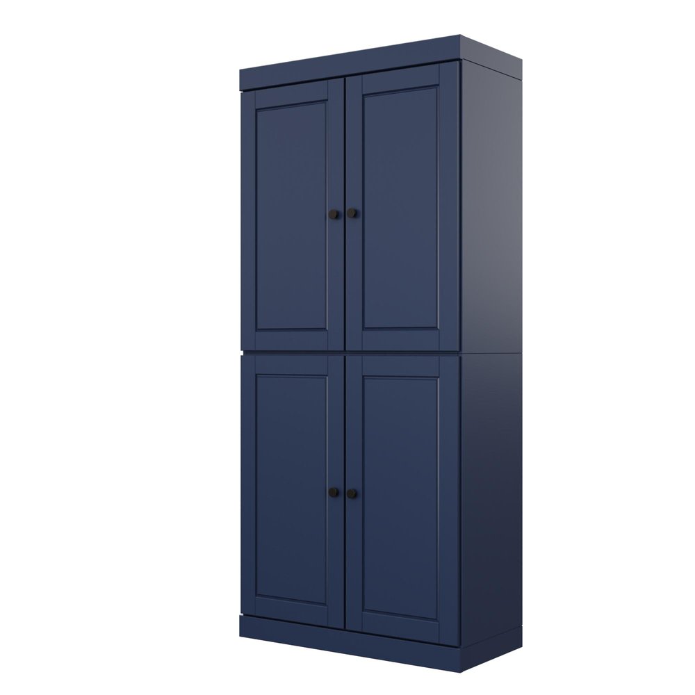 72" Navy Blue Solid Wood Adjustable Six Tier Library Bookcase with Four Doors HomeRoots
