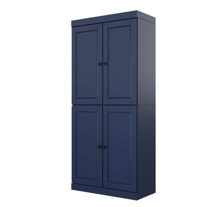 72" Navy Blue Solid Wood Adjustable Six Tier Library Bookcase with Four Doors HomeRoots