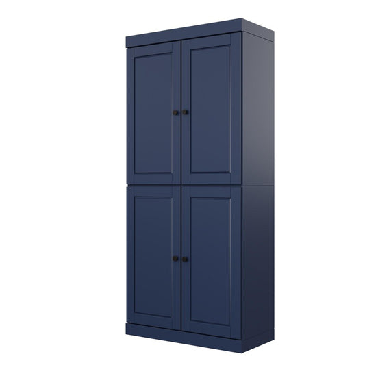 72" Navy Blue Solid Wood Adjustable Six Tier Library Bookcase with Four Doors