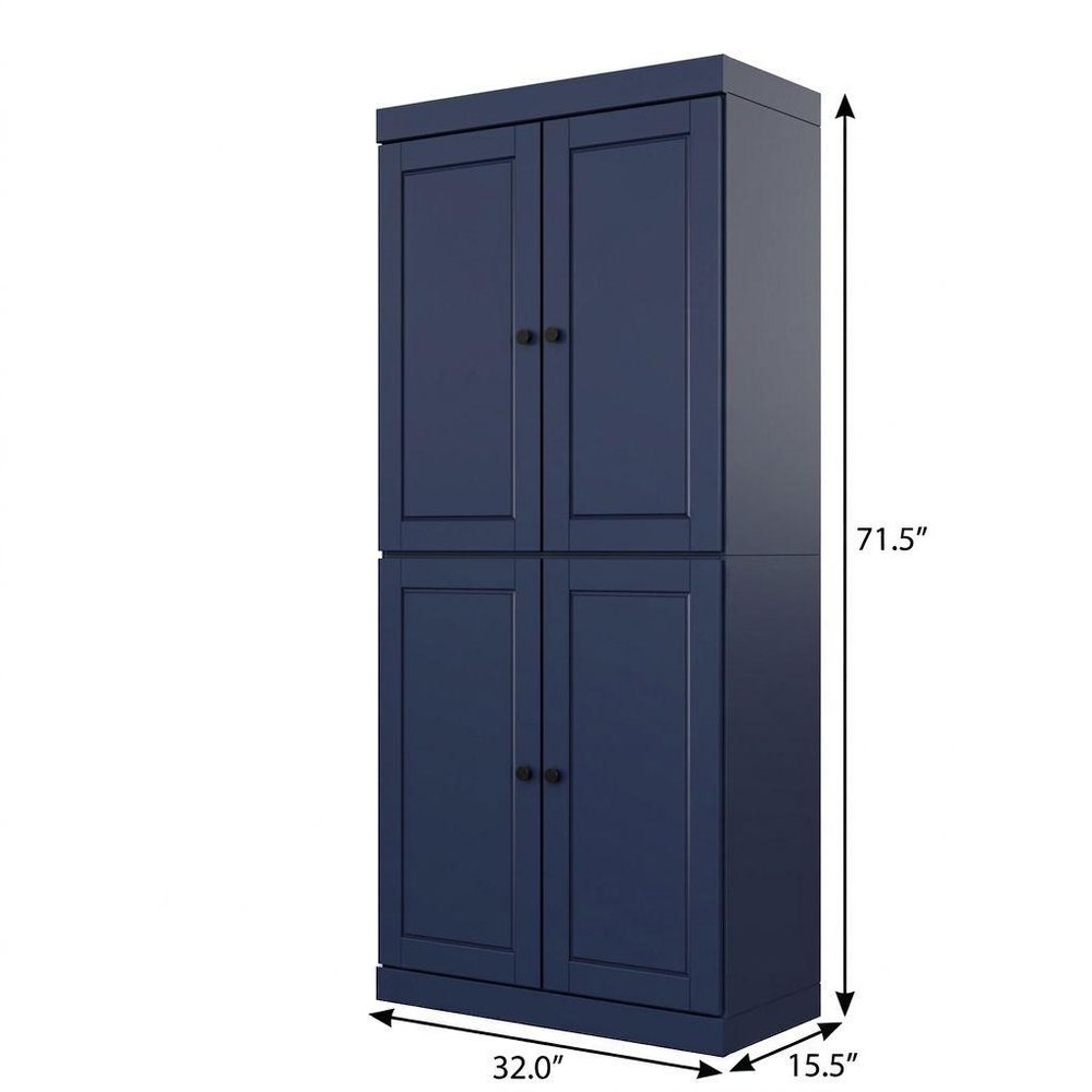 72" Navy Blue Solid Wood Adjustable Six Tier Library Bookcase with Four Doors HomeRoots