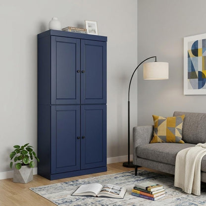72" Navy Blue Solid Wood Adjustable Six Tier Library Bookcase with Four Doors HomeRoots